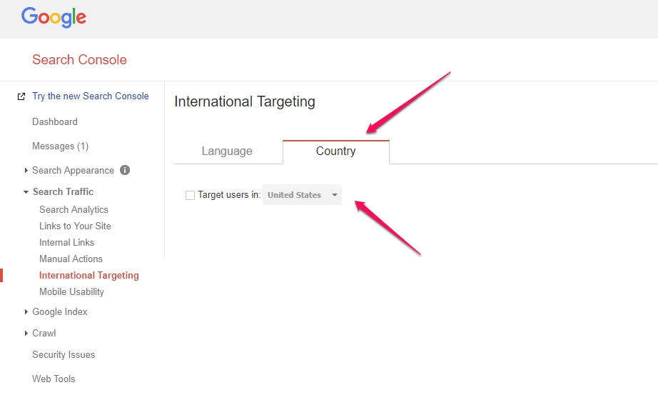 google search console country to target